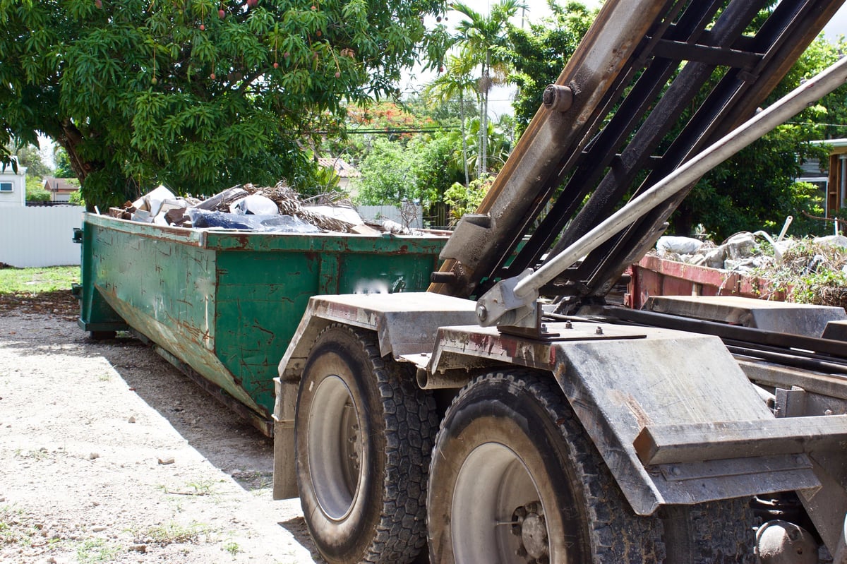 Debris from a residential construction site in a container